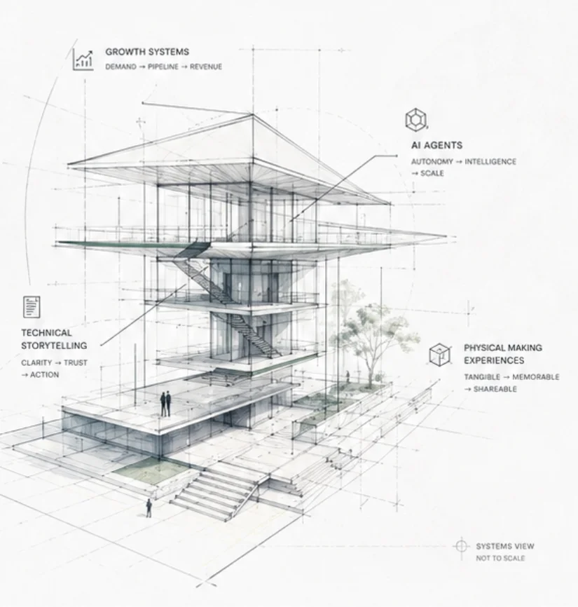 Fine-line architectural drawing of a four-story glass pavilion in axonometric view. Callouts label its systems: Growth Systems (demand to pipeline to revenue), AI Agents (autonomy to intelligence to scale), Technical Storytelling (clarity to trust to action), and Physical Making Experiences (tangible to memorable to shareable). Marked 'Systems View — Not to Scale'.